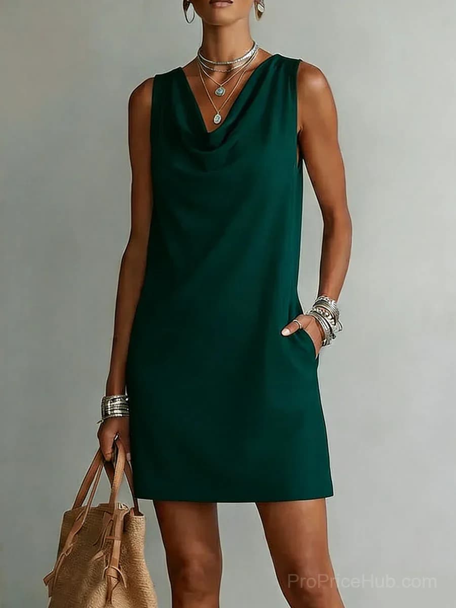 Sleeveless Cotton Dress with Draped Neckline - View 6