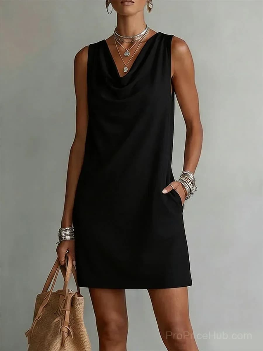 Sleeveless Cotton Dress with Draped Neckline - View 4