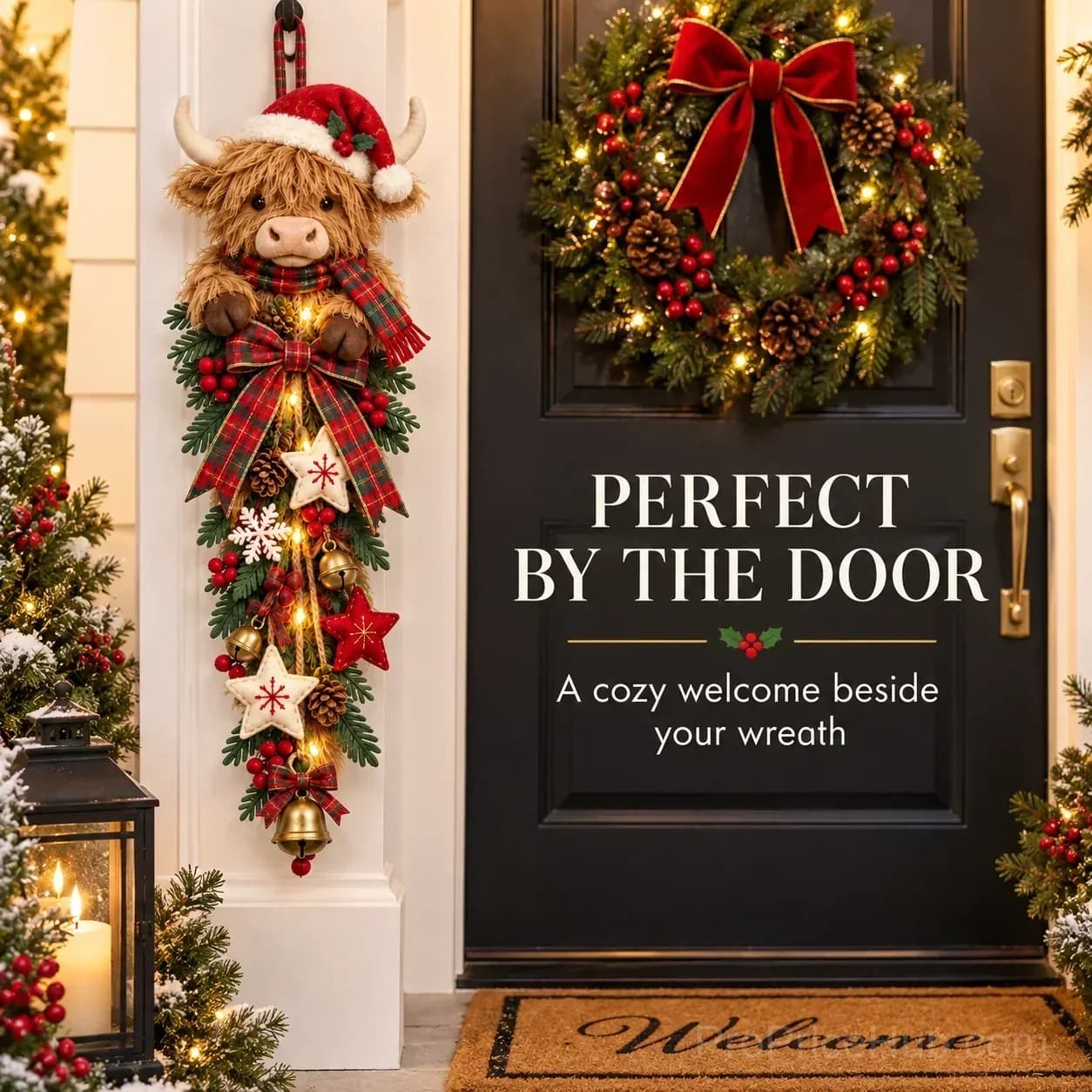 Lighted Highland Cow Christmas Door Swag - View 6