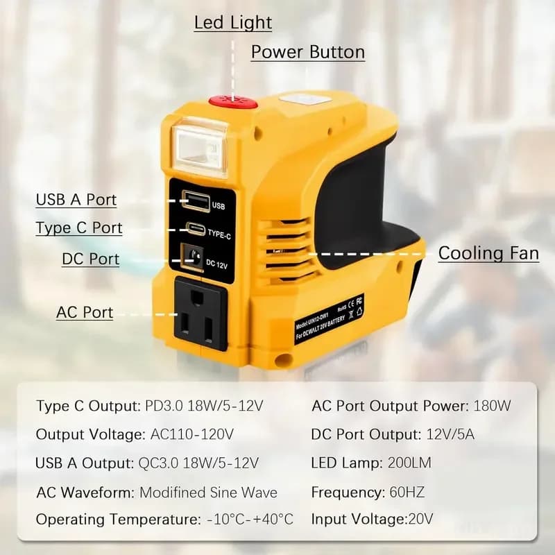 Compact DC to AC Power Inverter for Cars & Motorhomes, 110V Yellow - View 4