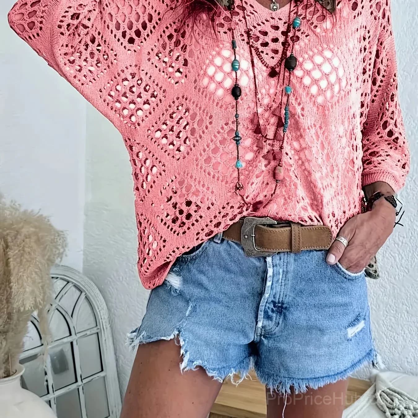 Women's Bohemian V-Neck Crochet Top, Khaki, Size S - View 7