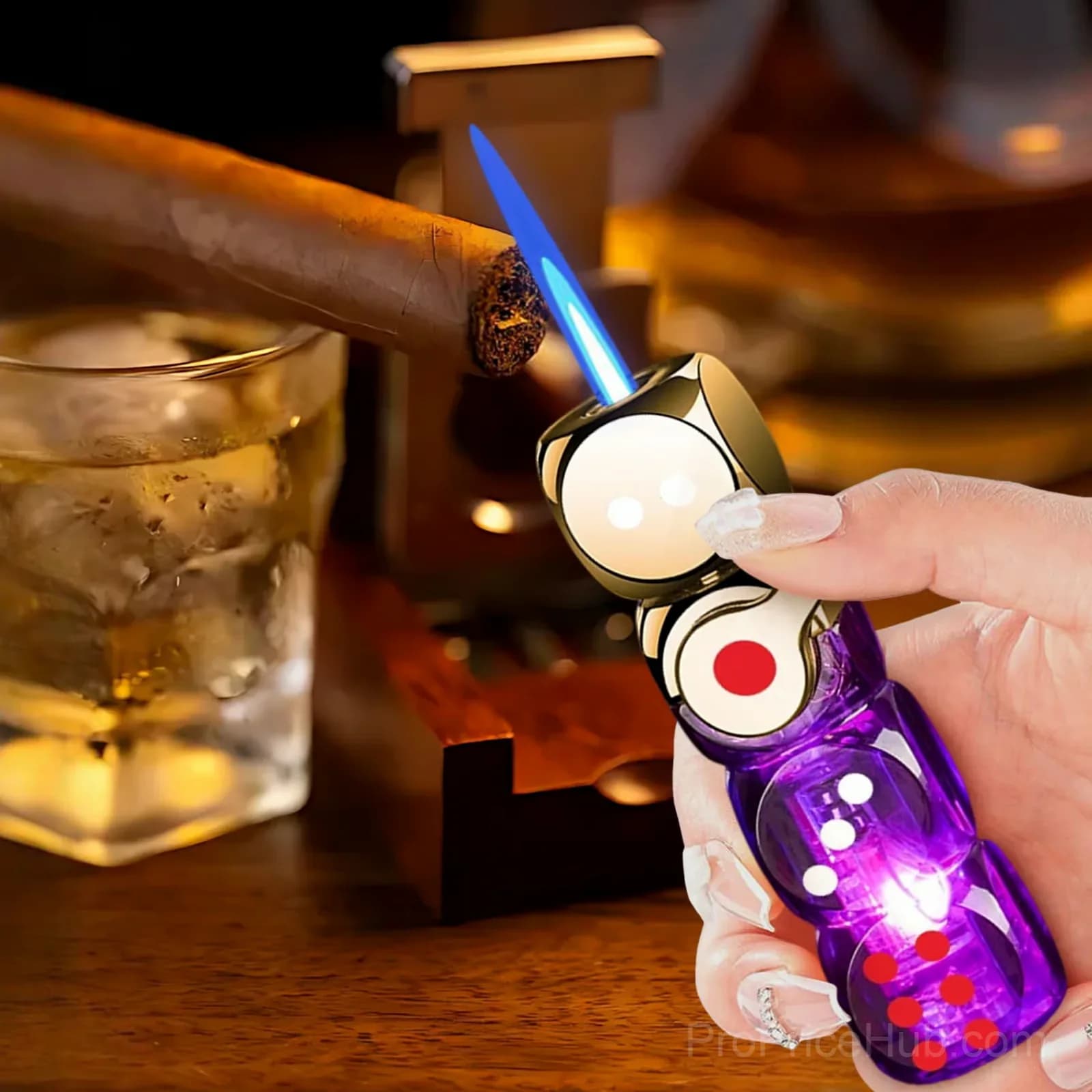 Purple 360° Spinning Dice Windproof Jet Flame Lighter with LED - View 2