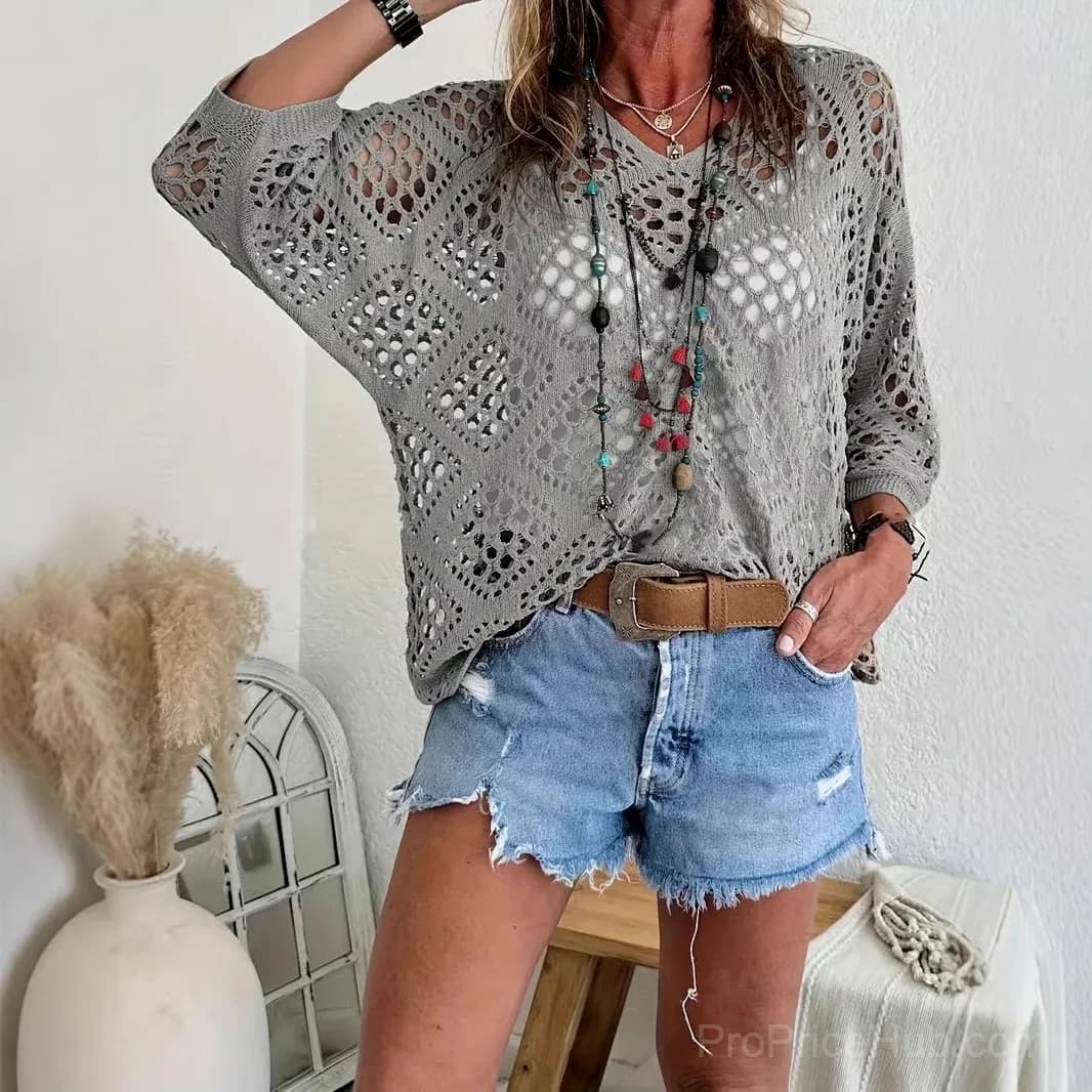 Women's Bohemian V-Neck Crochet Top, Khaki, Size S - View 5