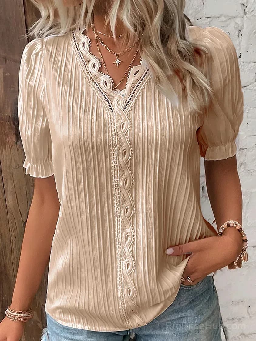 Elegant V-Neck Lace Blouse, White, Size S - View 9