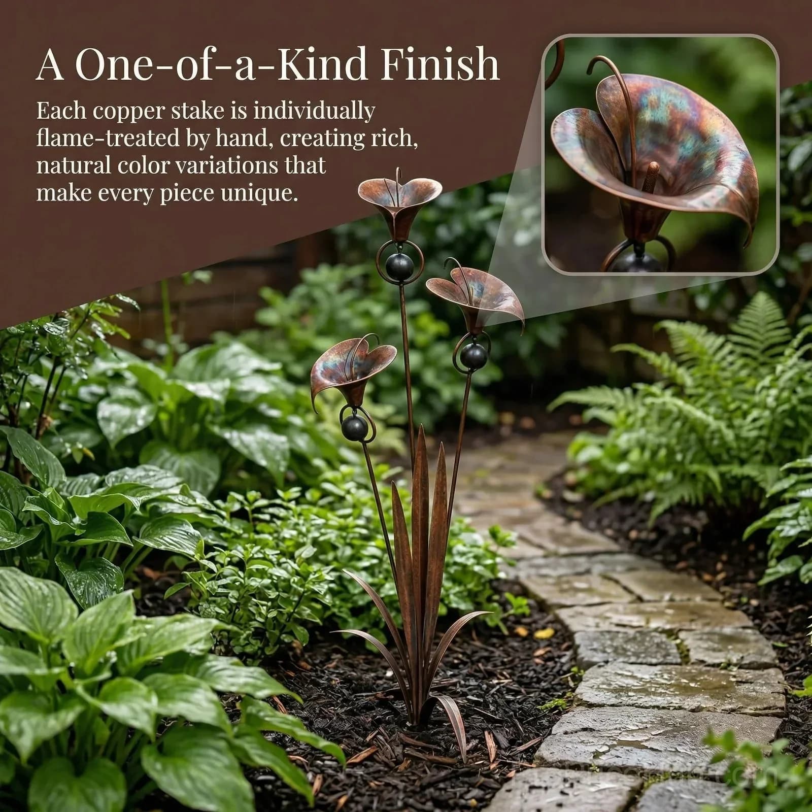 Flamed Copper Three Calla Lilies Garden Stake with Bells - View 3