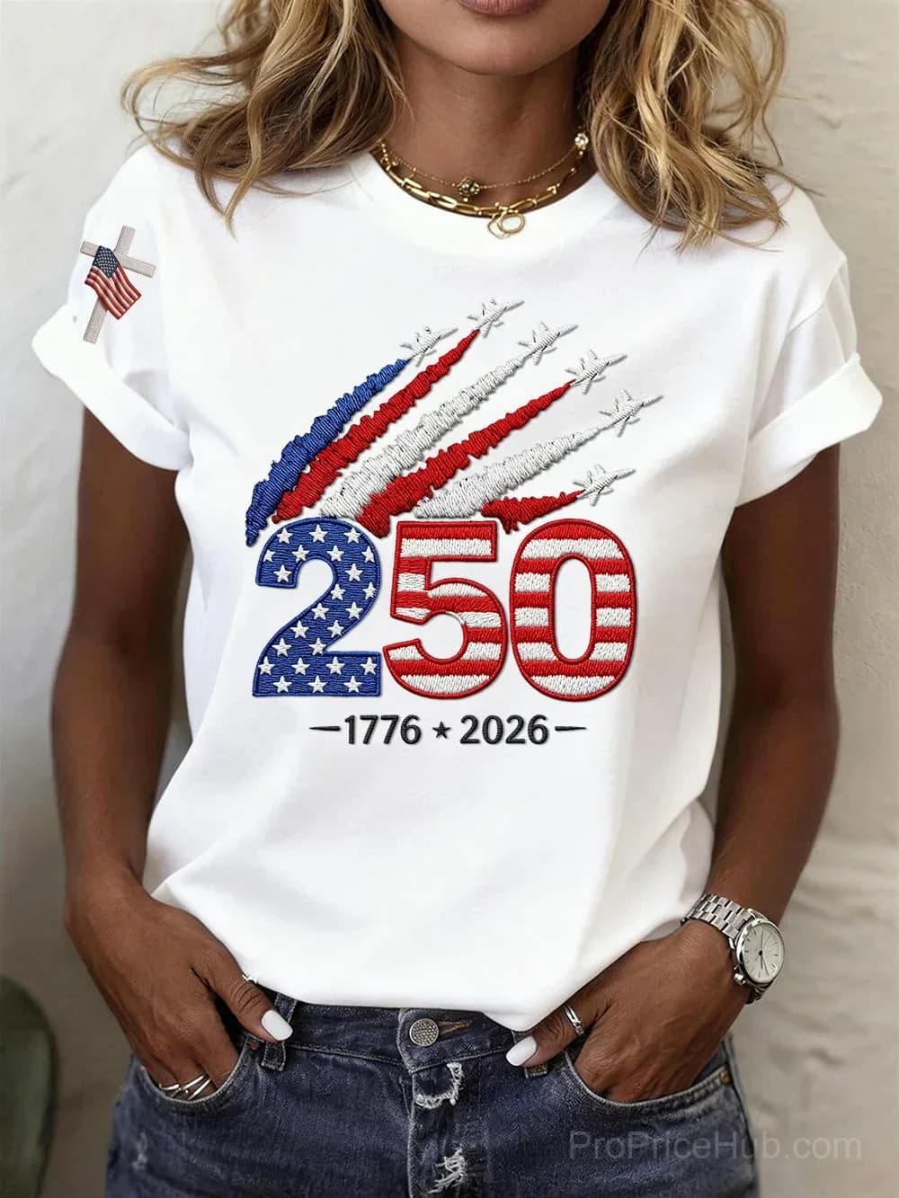 Women's USA 250th Anniversary Embroidered Print Crew Neck Short Sleeve T-Shirt - View 3