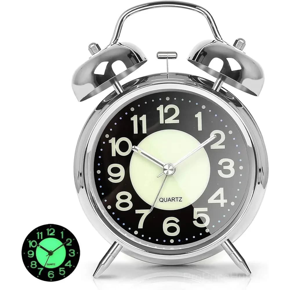 Retro Double Bell Alarm Clock, 4-Inch Silent Quartz with Luminous Dial - Main
