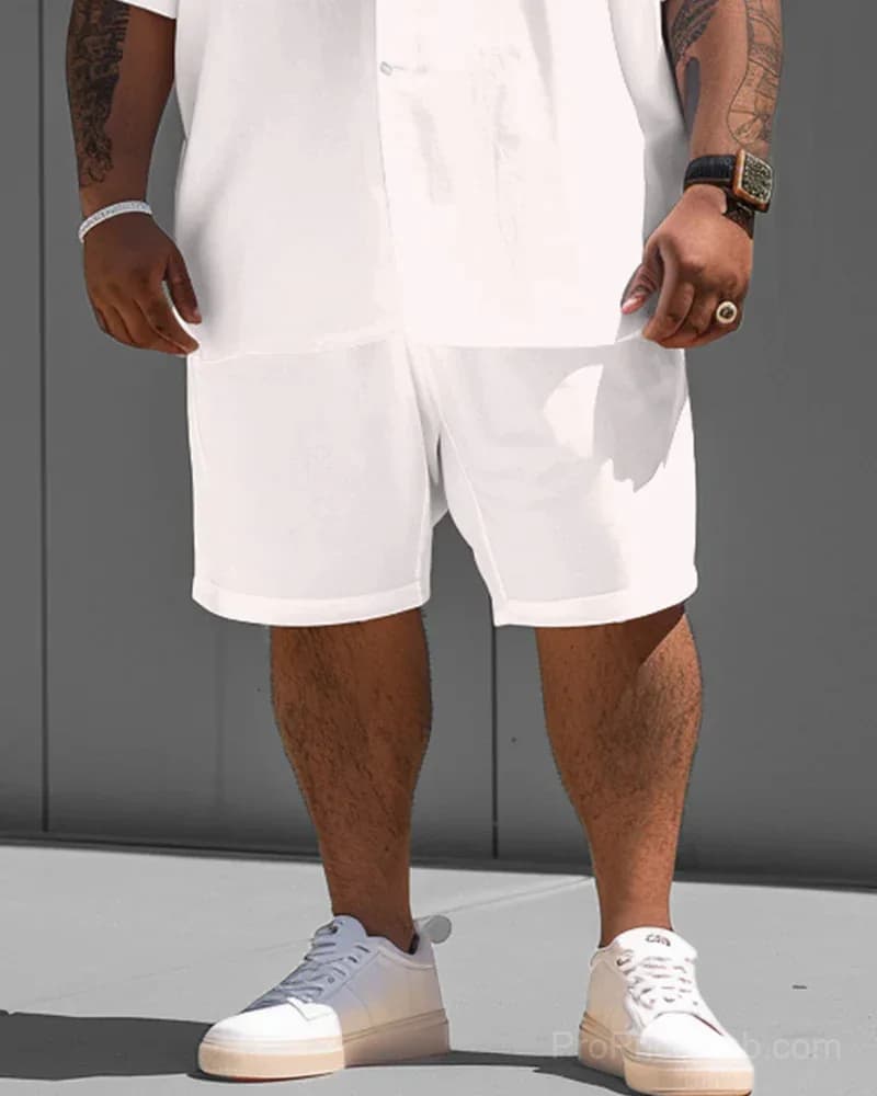 Big Guy White Solid Color Short Sleeve Shirt and Shorts Set - View 6