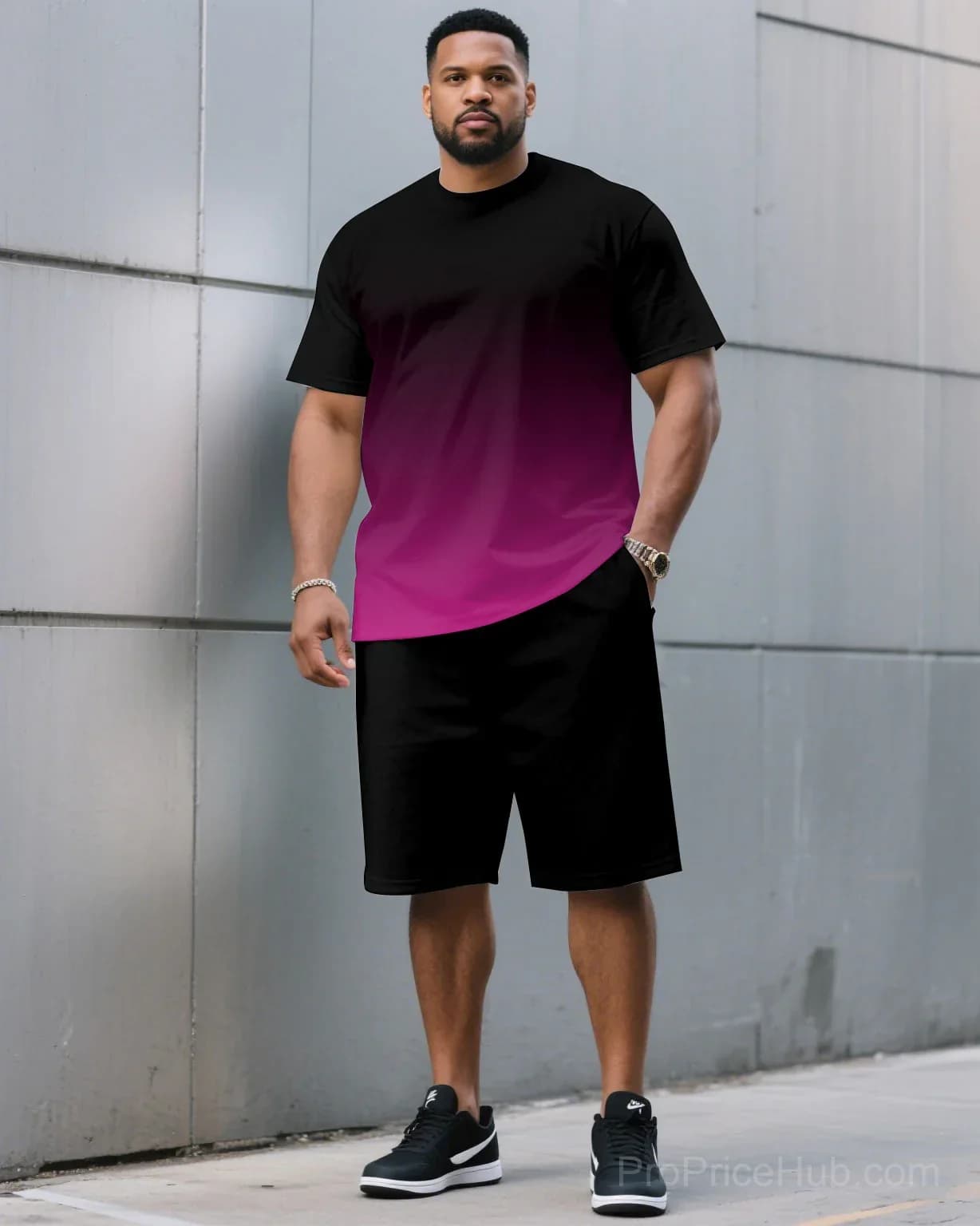 Men's Plus Size Black & Red Gradient T-Shirt and Shorts Set - View 28