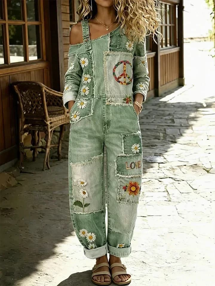 Women's Retro Floral Color-Blocked Washed Cotton Denim Jumpsuit - View 5