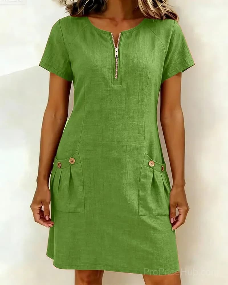Cotton Linen Dress with Zipper Pocket, Red, US 4 (S) - View 4