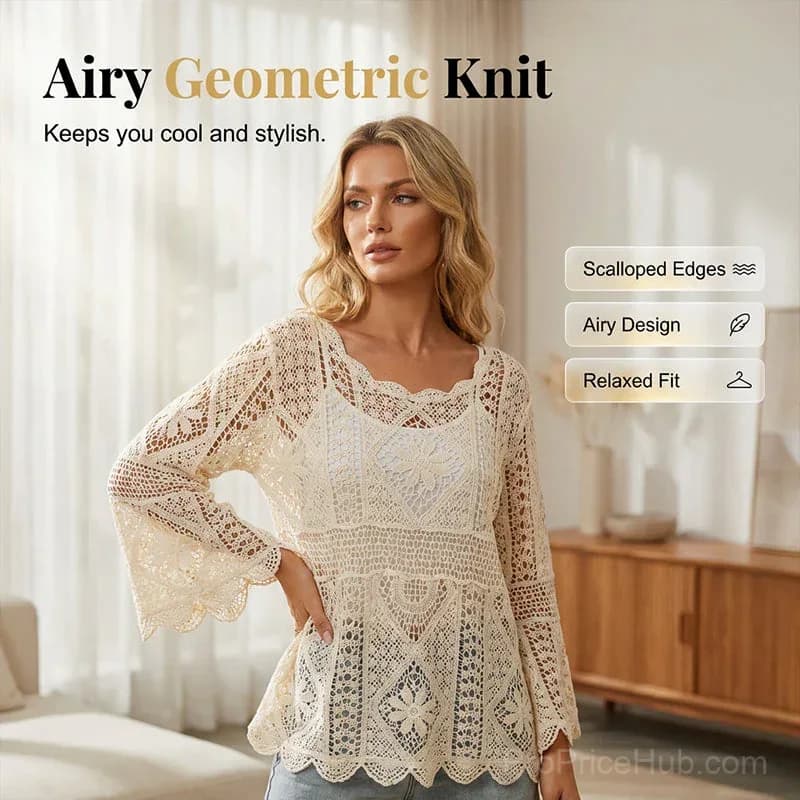 Women's Vintage Lace Cover-Up Blouse – Flare Sleeves Bohemian Beachwear - View 7