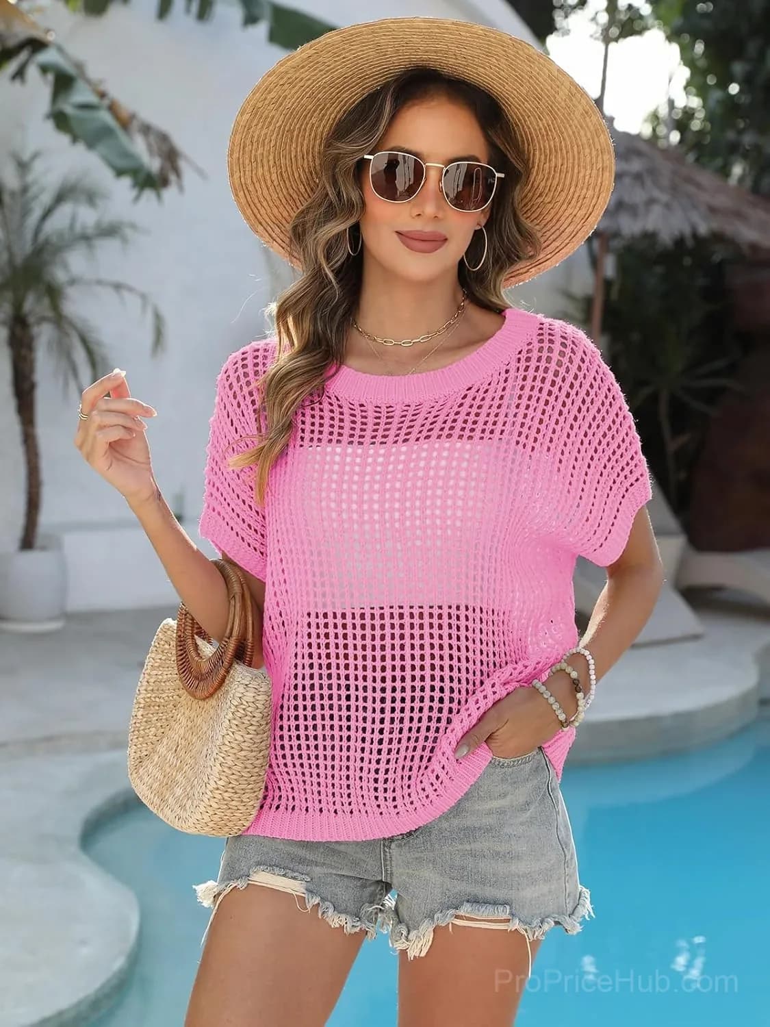 Short Sleeve Casual Crochet Knit Crop Top – Lightweight Summer Top - View 9