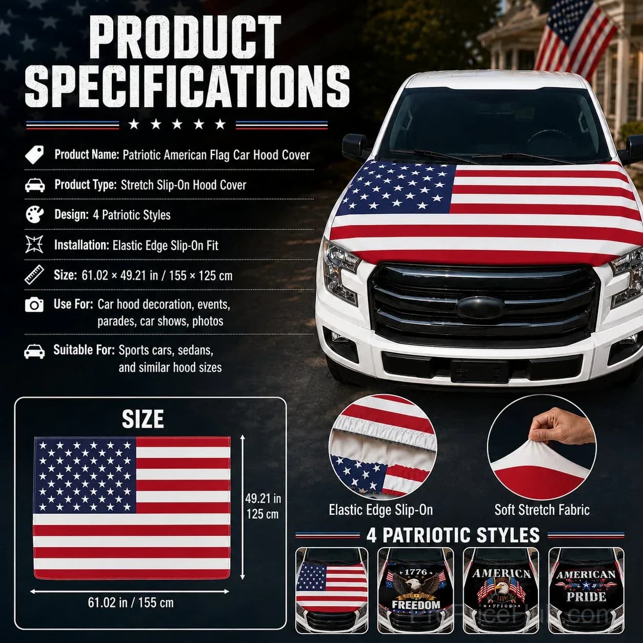 Patriotic American Flag Car Hood Cover - View 10