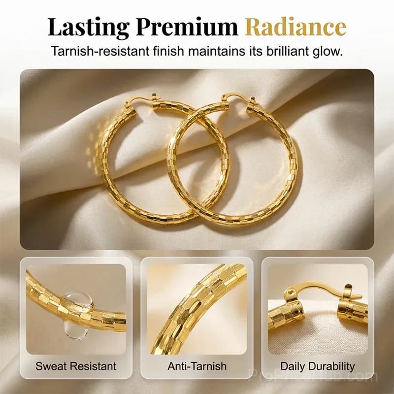 Women's Minimalist Textured Hoop Earrings - Diamond-Cut, Snap Closure - View 8