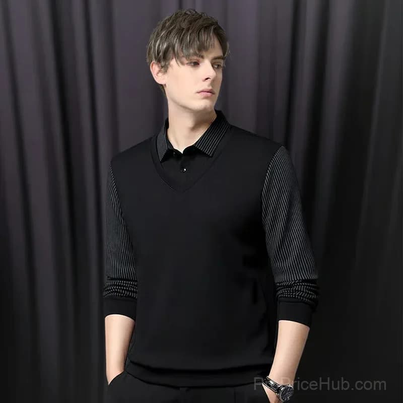 Men's Lapel Faux Two-Piece Knitted Shirt, Khaki, M - View 4