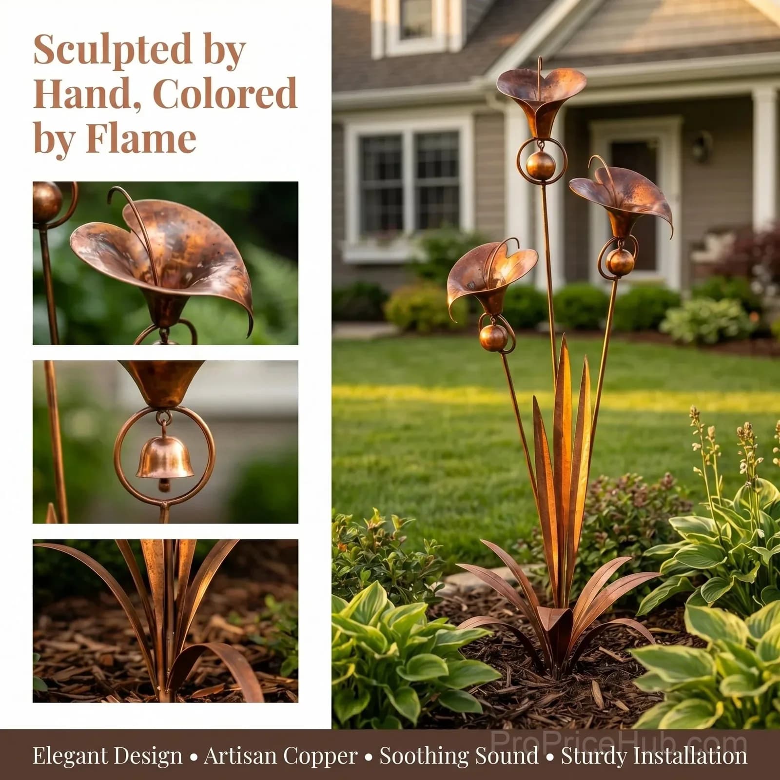 Flamed Copper Three Calla Lilies Garden Stake with Bells - View 5