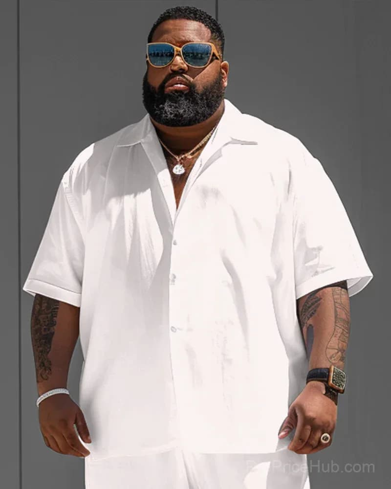Big Guy White Solid Color Short Sleeve Shirt and Shorts Set - View 5