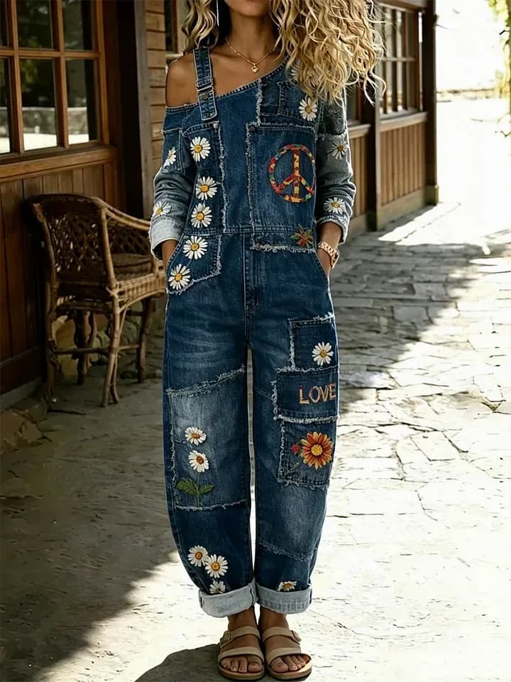 Women's Retro Floral Color-Blocked Washed Cotton Denim Jumpsuit - View 6