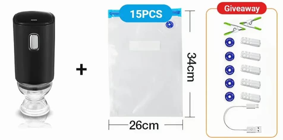Kitchen Vacuum Storage Bag Set, Small, 15-Piece, Gray with Manual Pump - View 17