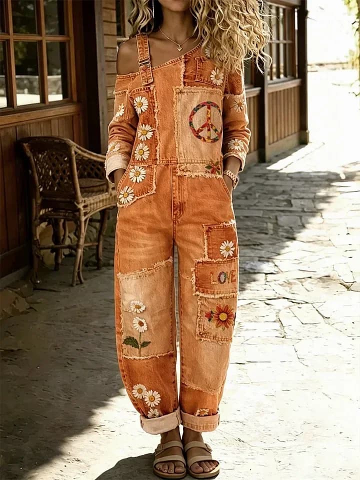 Women's Retro Floral Color-Blocked Washed Cotton Denim Jumpsuit - View 4