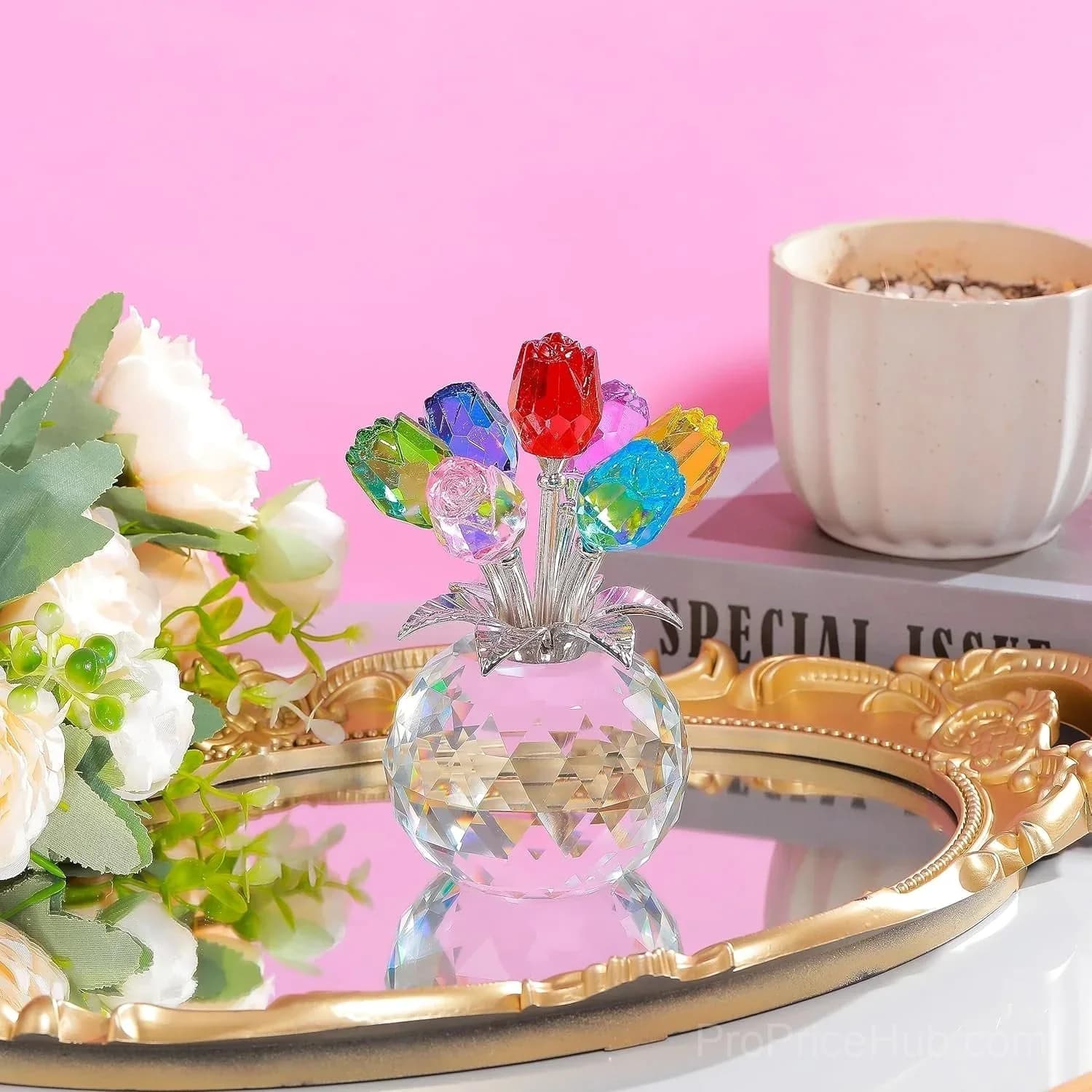Crystal Colorful Rose Flower Figurine with Vase - View 4