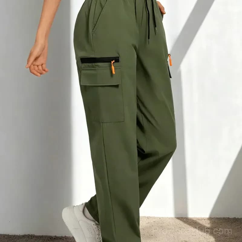 Women's Drawstring Cargo Pants, Relaxed Straight Leg, Black S - View 5