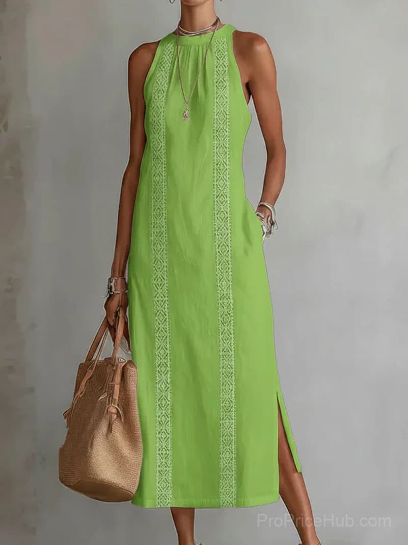 Retro Linen Lace Dress with Minimalist Design - View 5