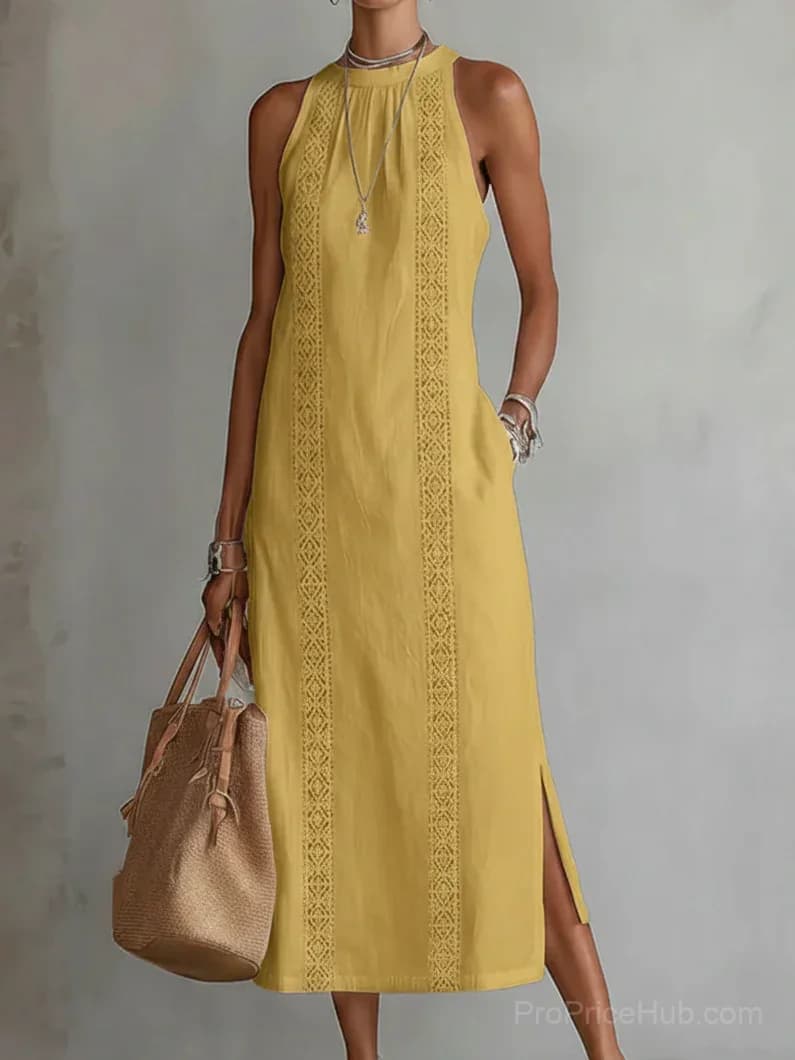 Retro Linen Lace Dress with Minimalist Design - View 6