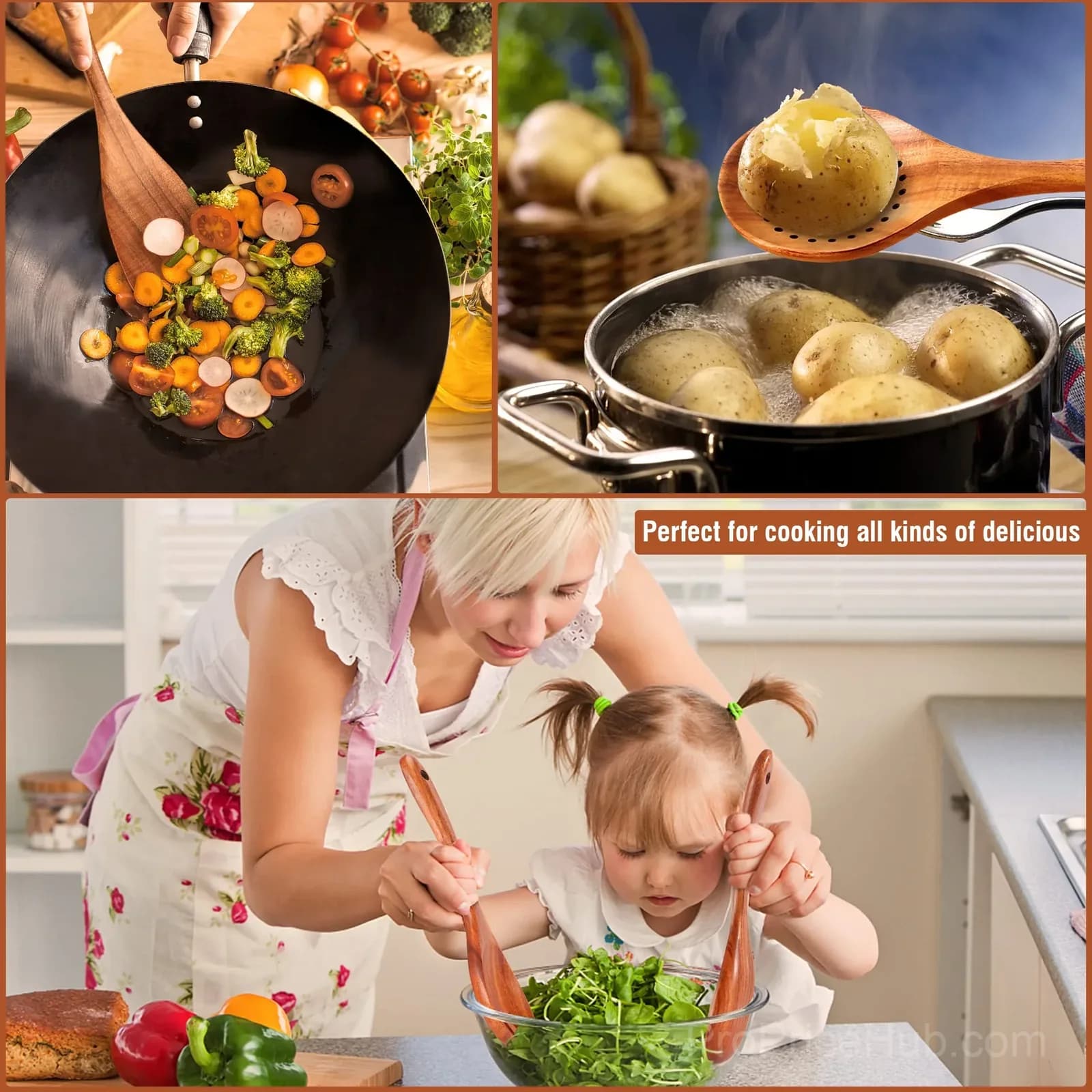 9-Piece Natural Teak Wooden Kitchen Utensil Set with Holder - View 7