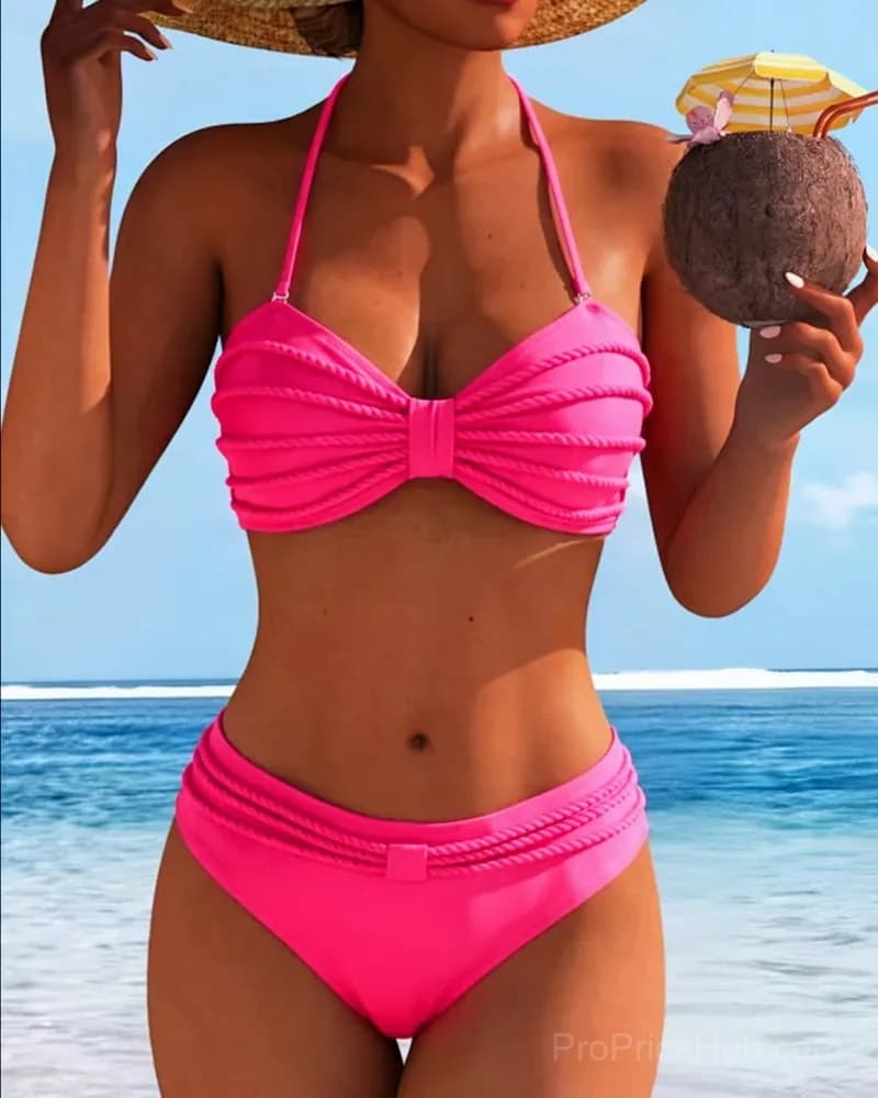 Solid Color Halter Neck Bikini Set, Black, US 4 (S) - View 3