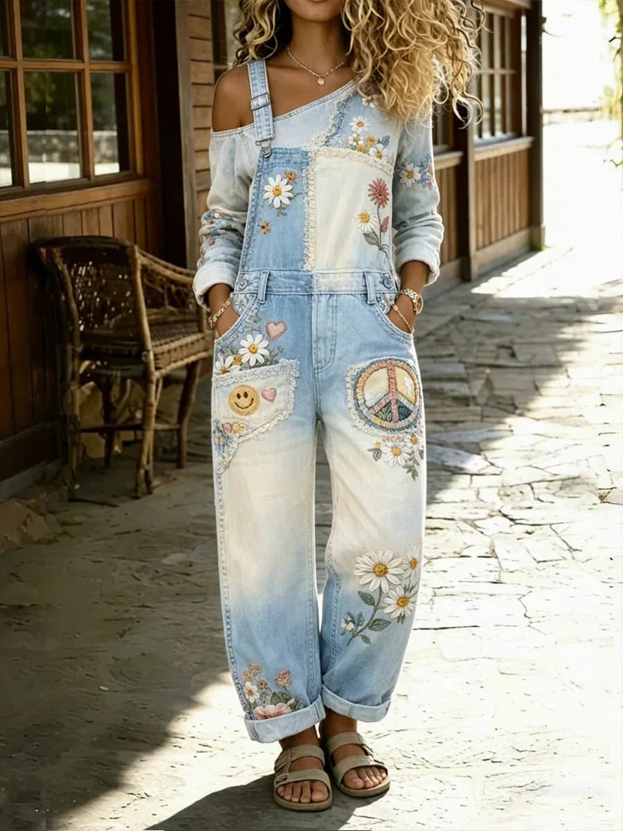 Women's Retro Color-Blocked Floral Denim Patchwork Jumpsuit - View 2