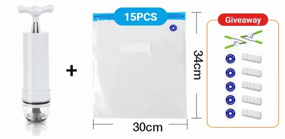Kitchen Vacuum Storage Bag Set, Small, 15-Piece, Gray with Manual Pump - View 14