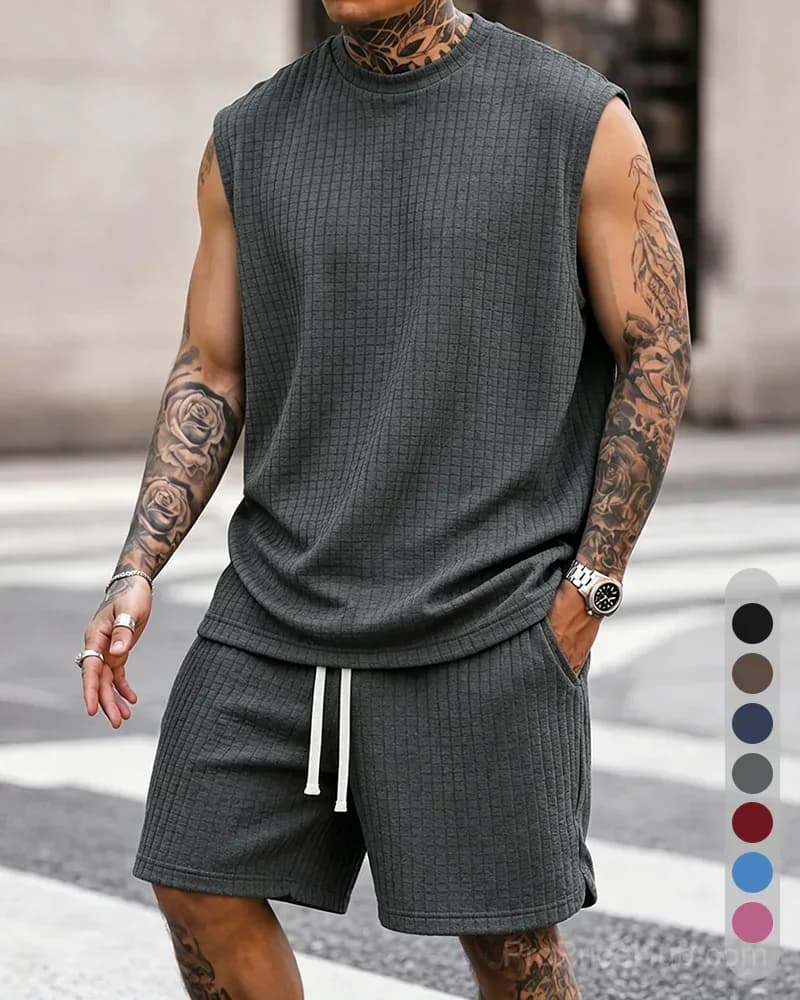 Men's Solid-Color Ribbed Sleeveless Vest & Shorts Set (S-8XL) - View 13