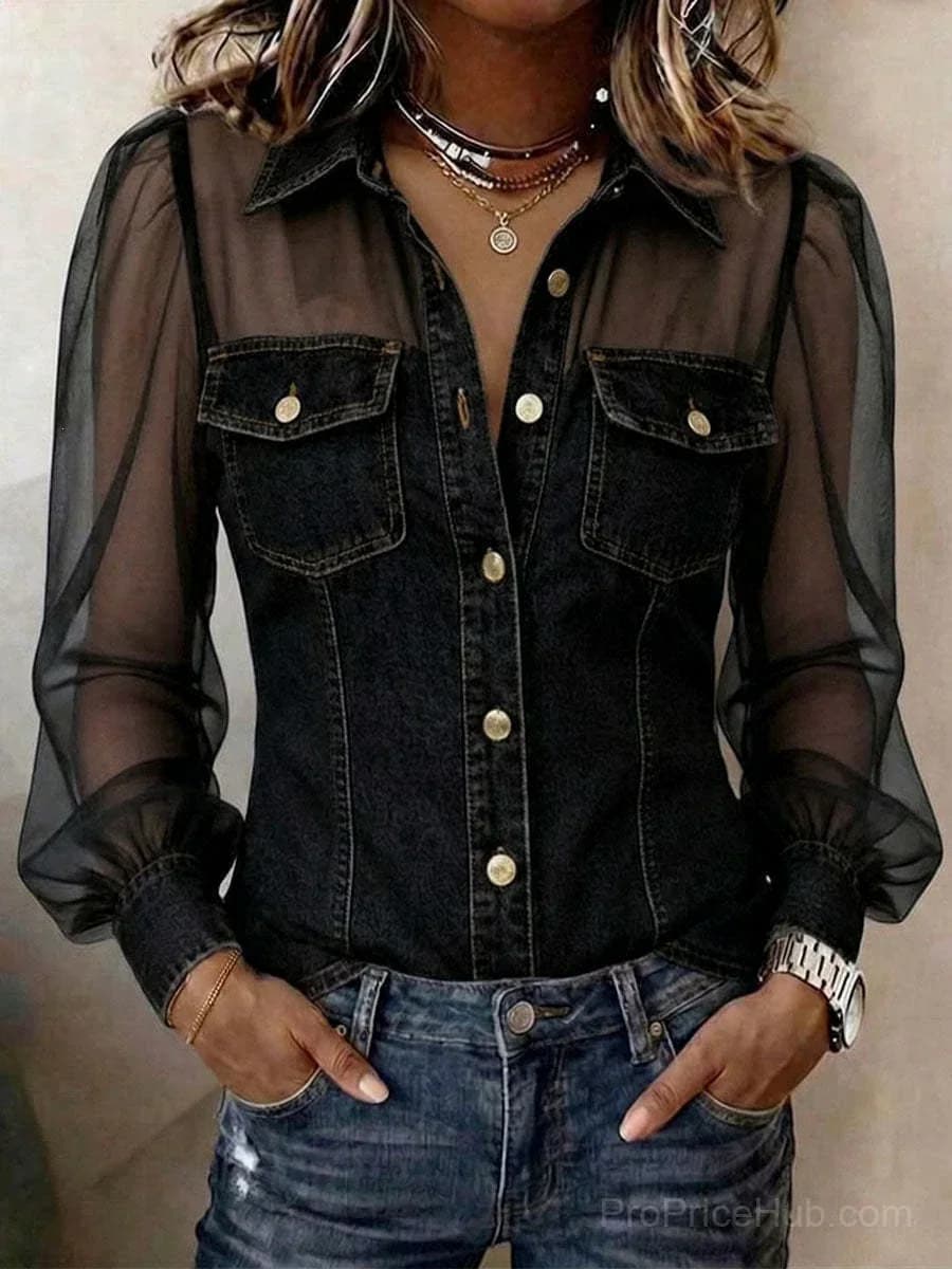 Women's Casual Denim Patchwork Chiffon Long Sleeve Blouse - View 8
