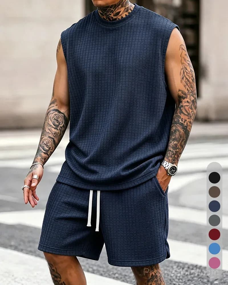 Men's Solid-Color Ribbed Sleeveless Vest & Shorts Set (S-8XL) - View 14