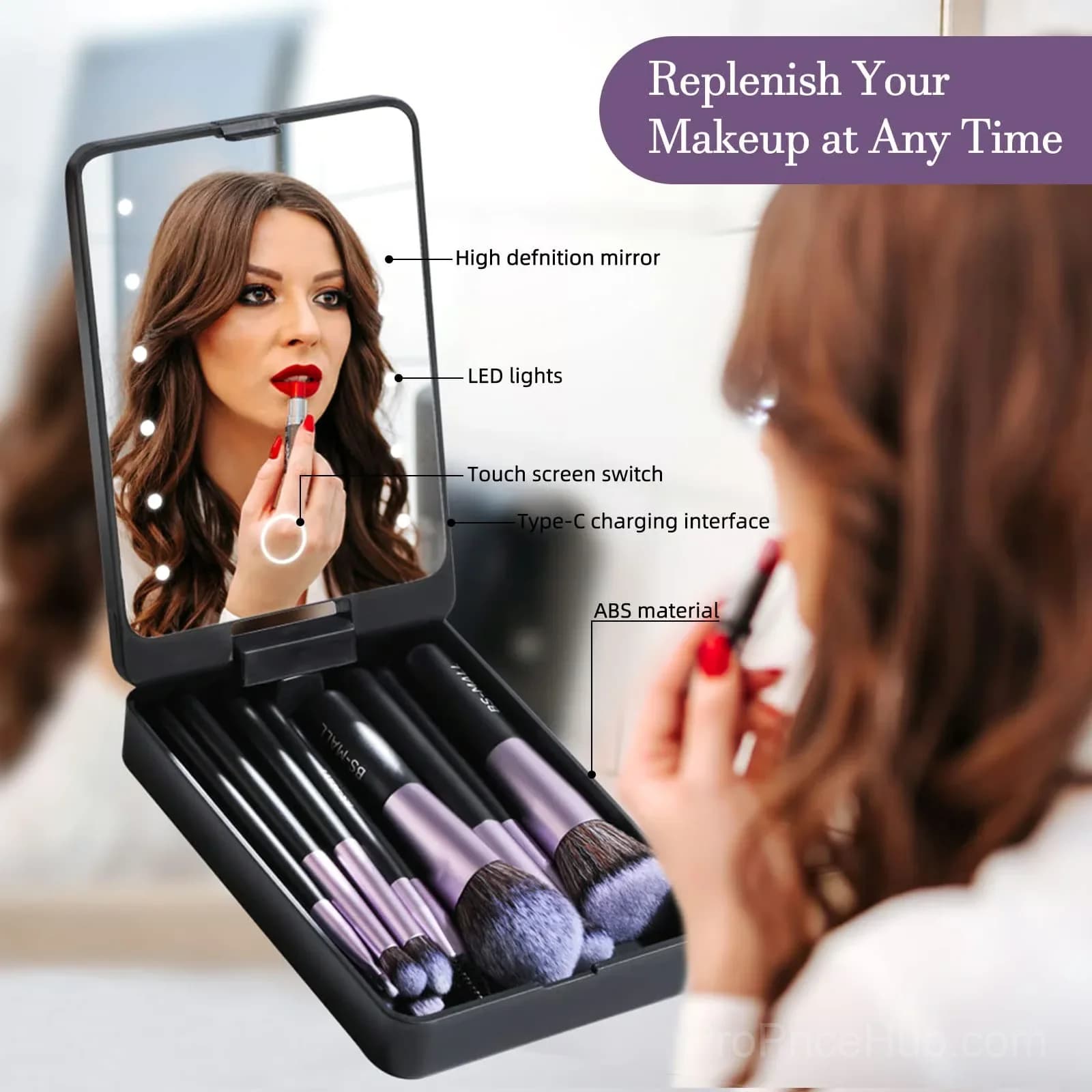 Pink Portable Makeup Brush Set with LED Light - View 6