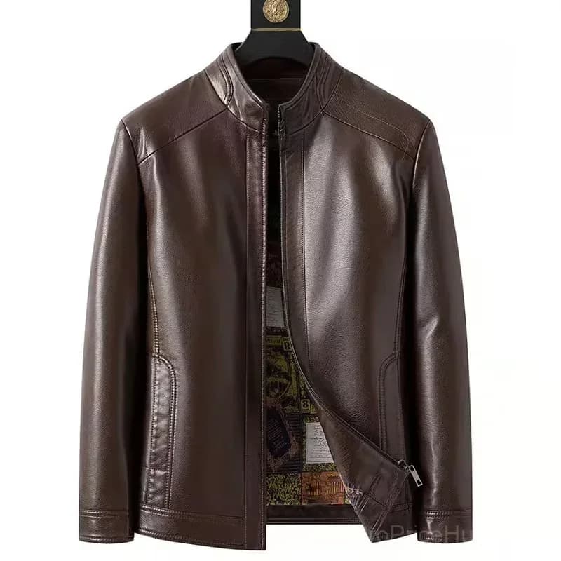Men’s Black Leather Jacket with Warm Plush Lining, Size M - View 5