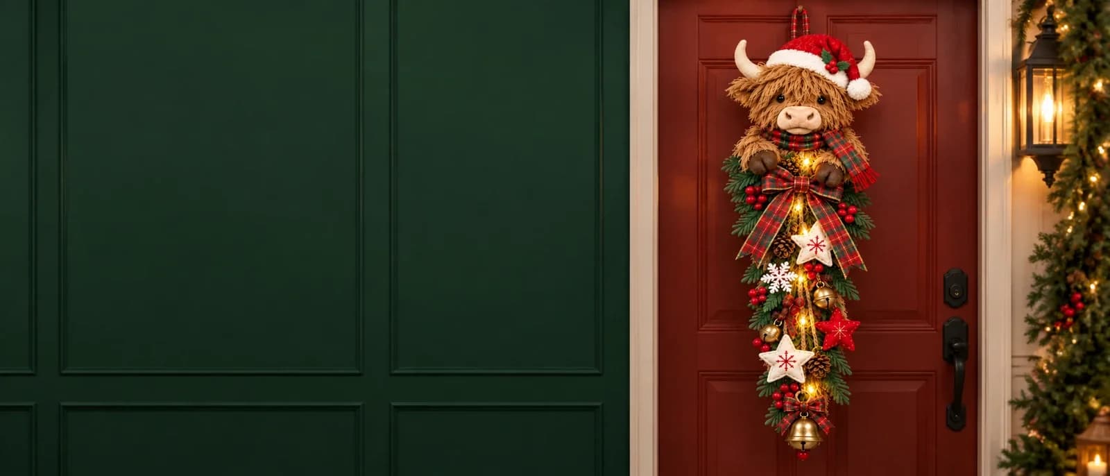 Lighted Highland cow Christmas swag with tartan bow, greenery, stars and bells.