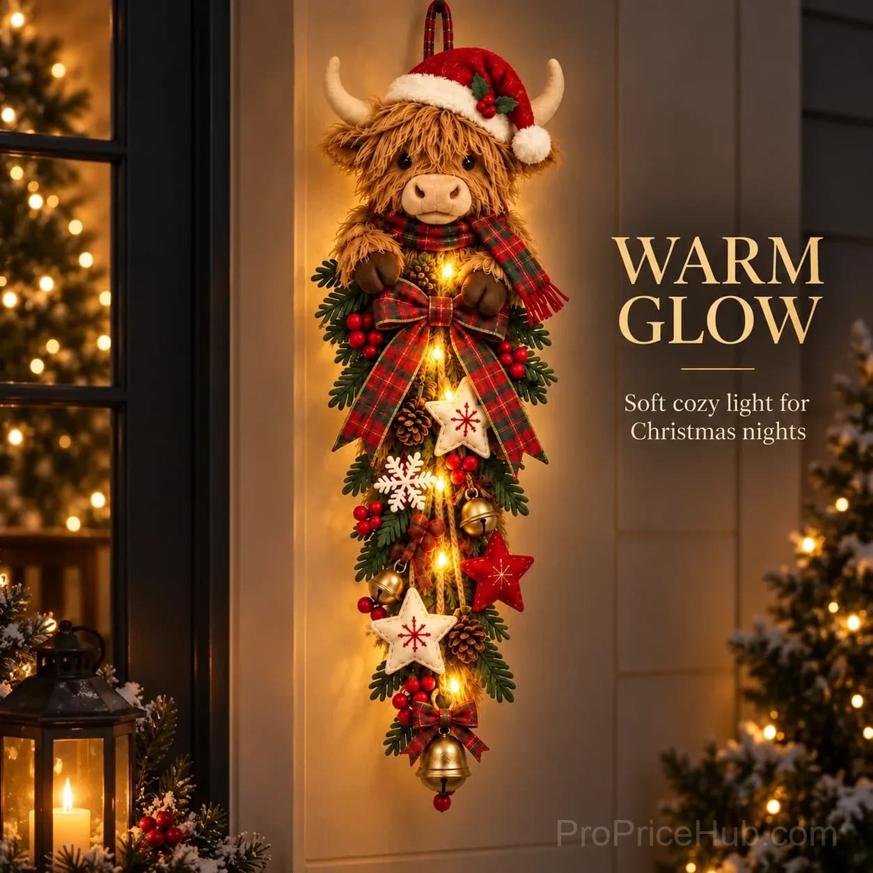 Lighted Highland Cow Christmas Door Swag - View 5