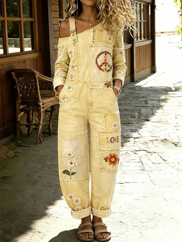 Women's Retro Floral Color-Blocked Washed Cotton Denim Jumpsuit - View 3