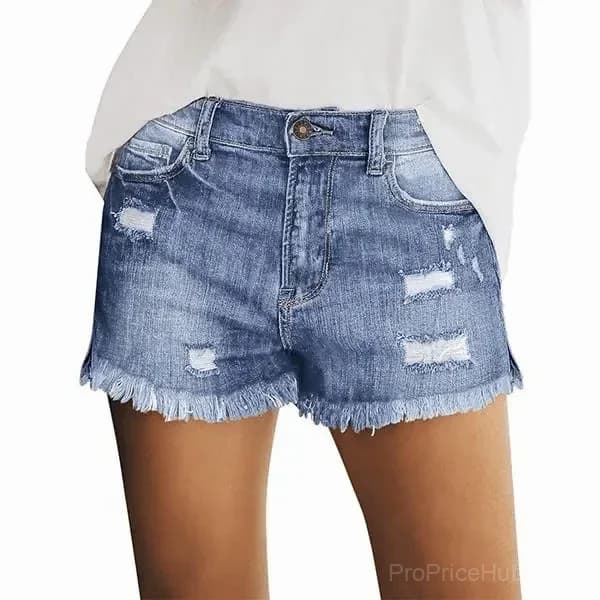 Women's Mid Rise Stretch Denim Shorts, Ripped Raw Hem - View 5