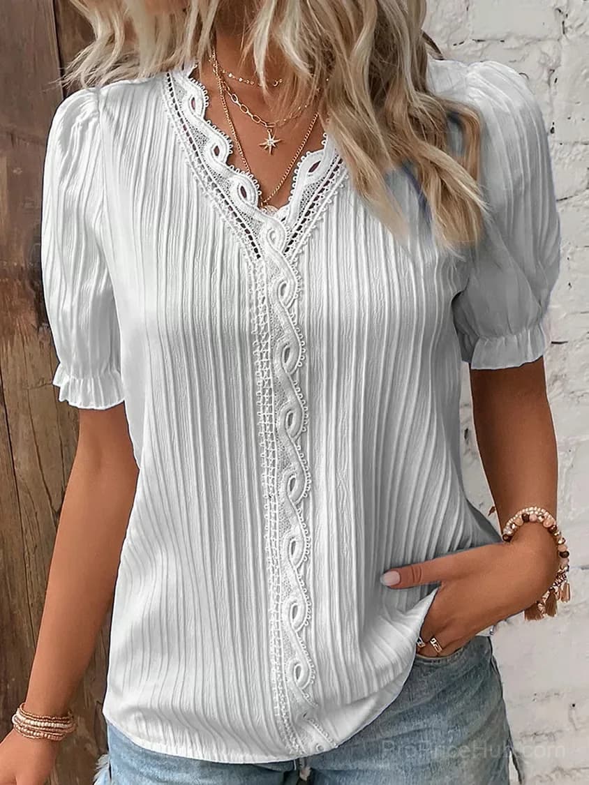 Elegant V-Neck Lace Blouse, White, Size S - View 10