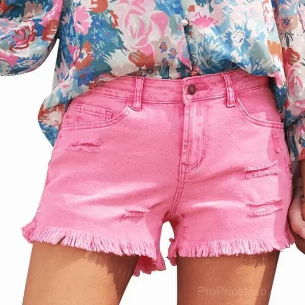 Women's Mid Rise Stretch Denim Shorts, Ripped Raw Hem - View 9