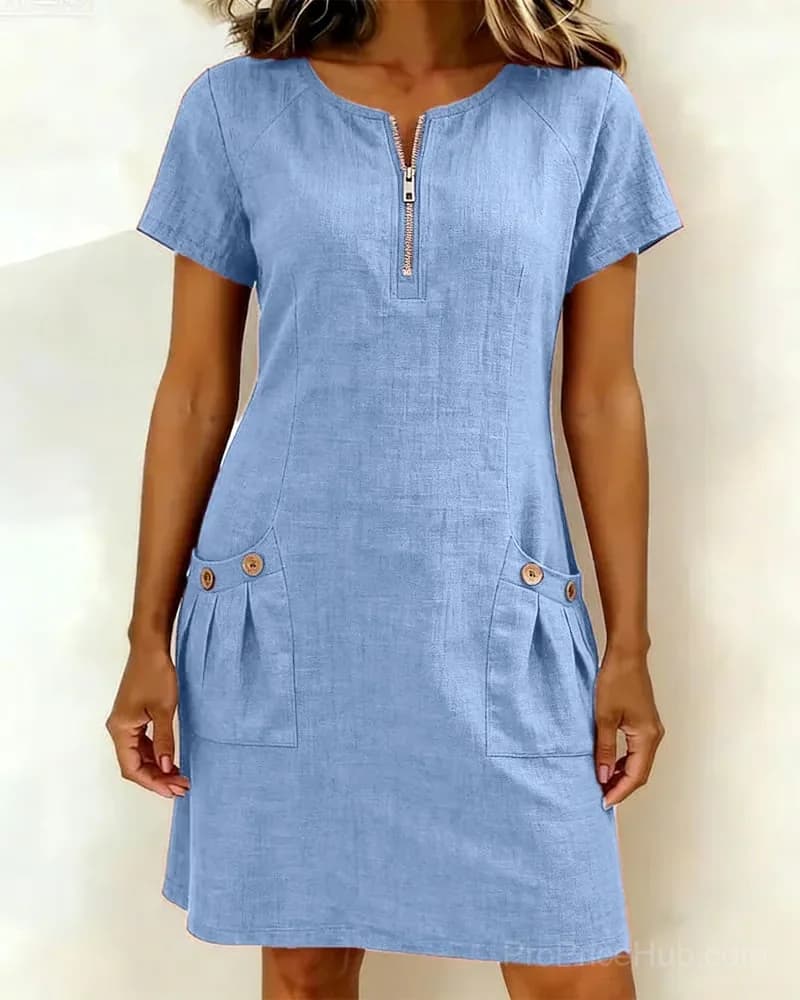 Cotton Linen Dress with Zipper Pocket, Red, US 4 (S) - View 5