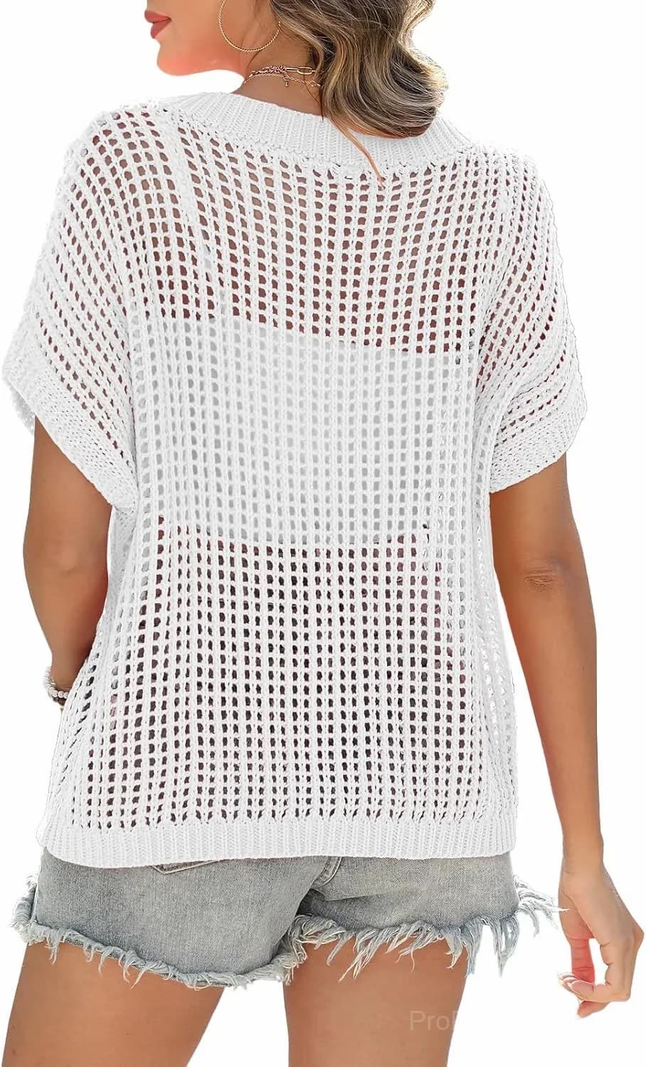 Short Sleeve Casual Crochet Knit Crop Top – Lightweight Summer Top - View 6