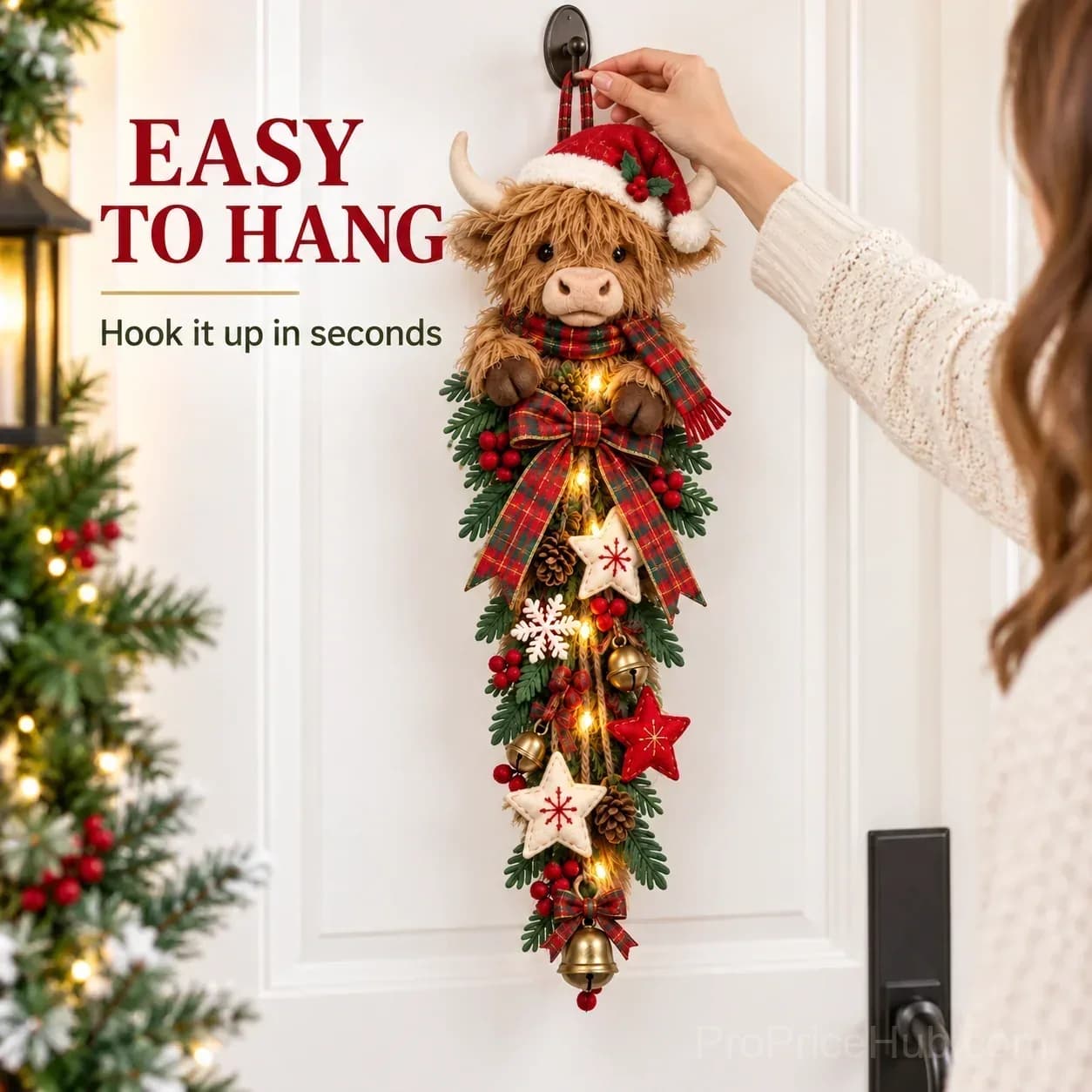 Lighted Highland Cow Christmas Door Swag - View 9