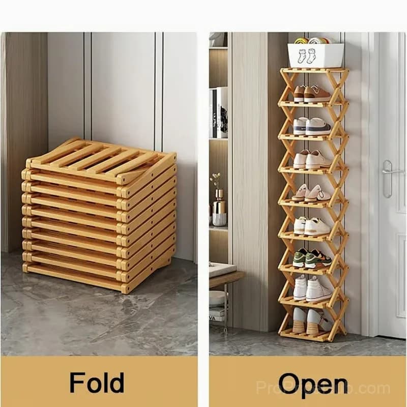 Durable Foldable Bamboo Shoe Rack, Brown, 2-Tier - View 4