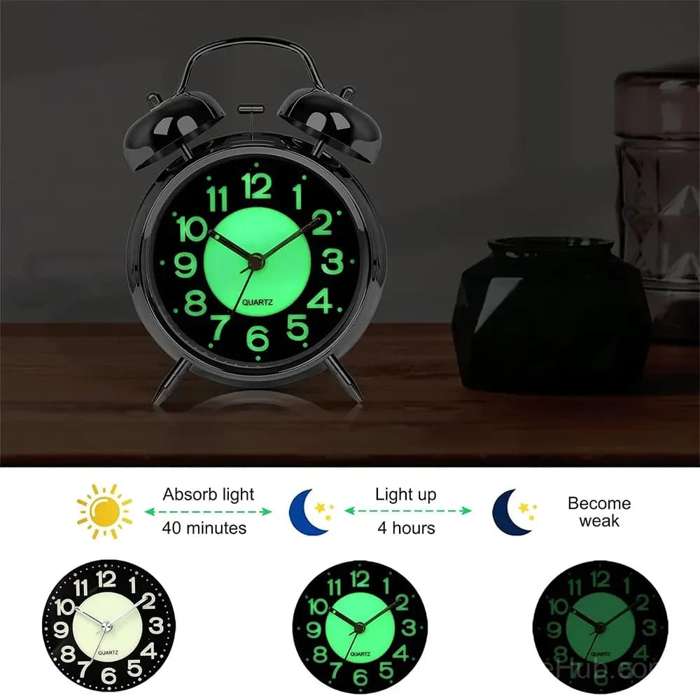 Retro Double Bell Alarm Clock, 4-Inch Silent Quartz with Luminous Dial - View 5