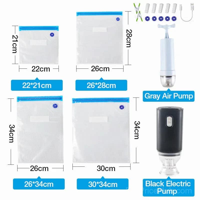 Kitchen Vacuum Storage Bag Set, Small, 15-Piece, Gray with Manual Pump - View 8